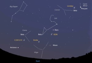 Rarely are four comets this bright in the same quadrant of sky. This map shows the sky facing east about two hours before sunrise on Oct. 31.  